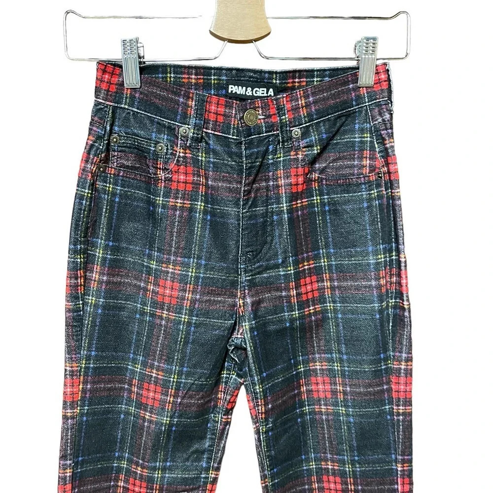 Pam & Gela Tartan Plaid Slim Crop Pant Red Multi‎ Size 25 - Picture 3 of 12